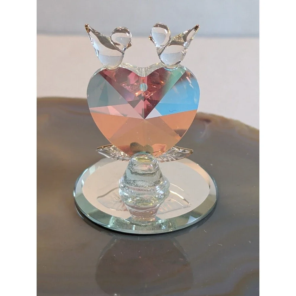 Glass Baron Handcrafted Glass Love Birds on Faceted Heart Figurine - Pink Rose